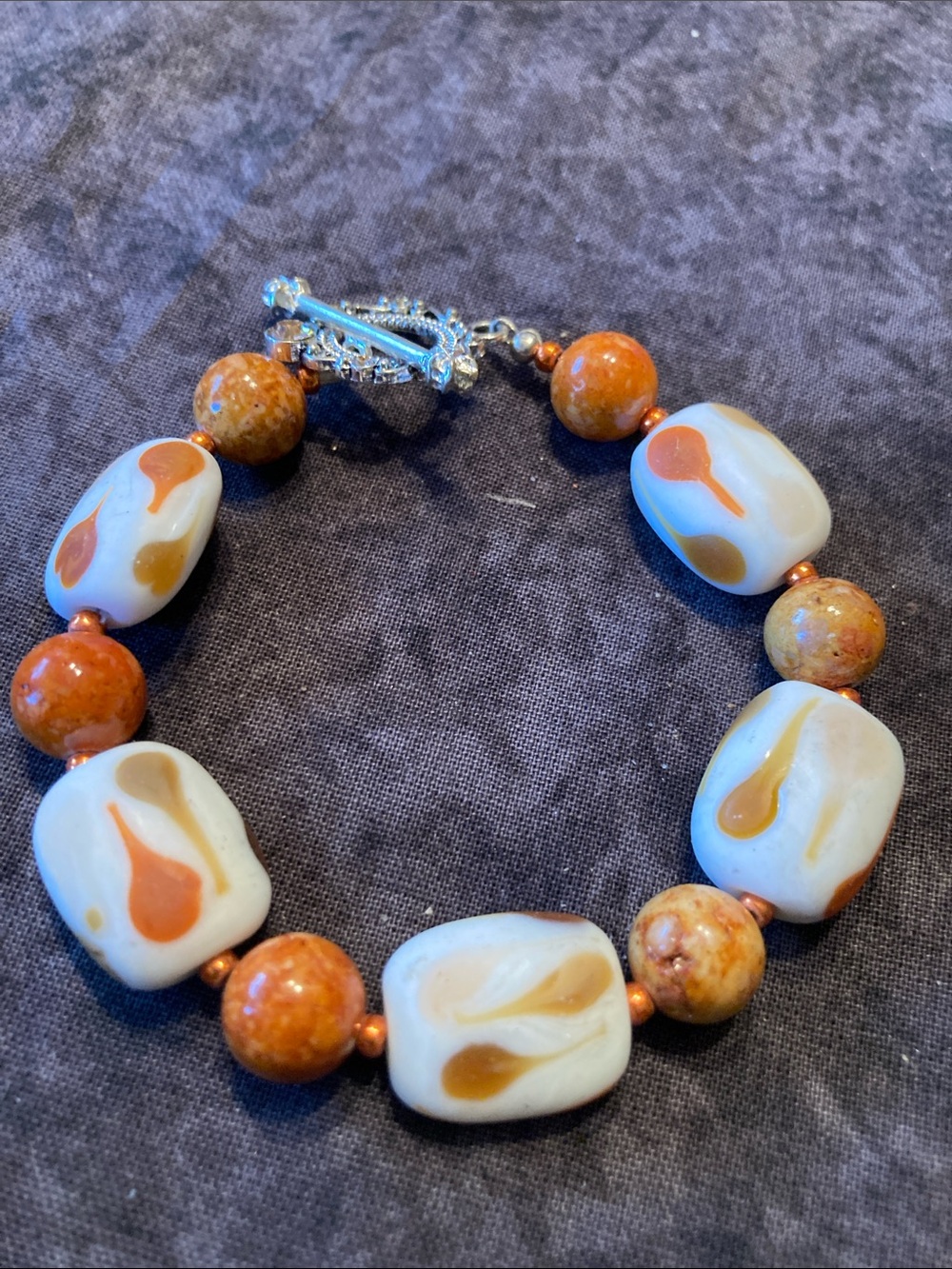 Handcrafted Rich Cream and Orange Glass Bead Bracelet